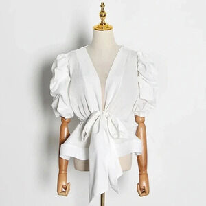 LUC-CE Womens Puff Half Sleeve Tunic Lace Up Bow Patchwork Ruffles Blouse
